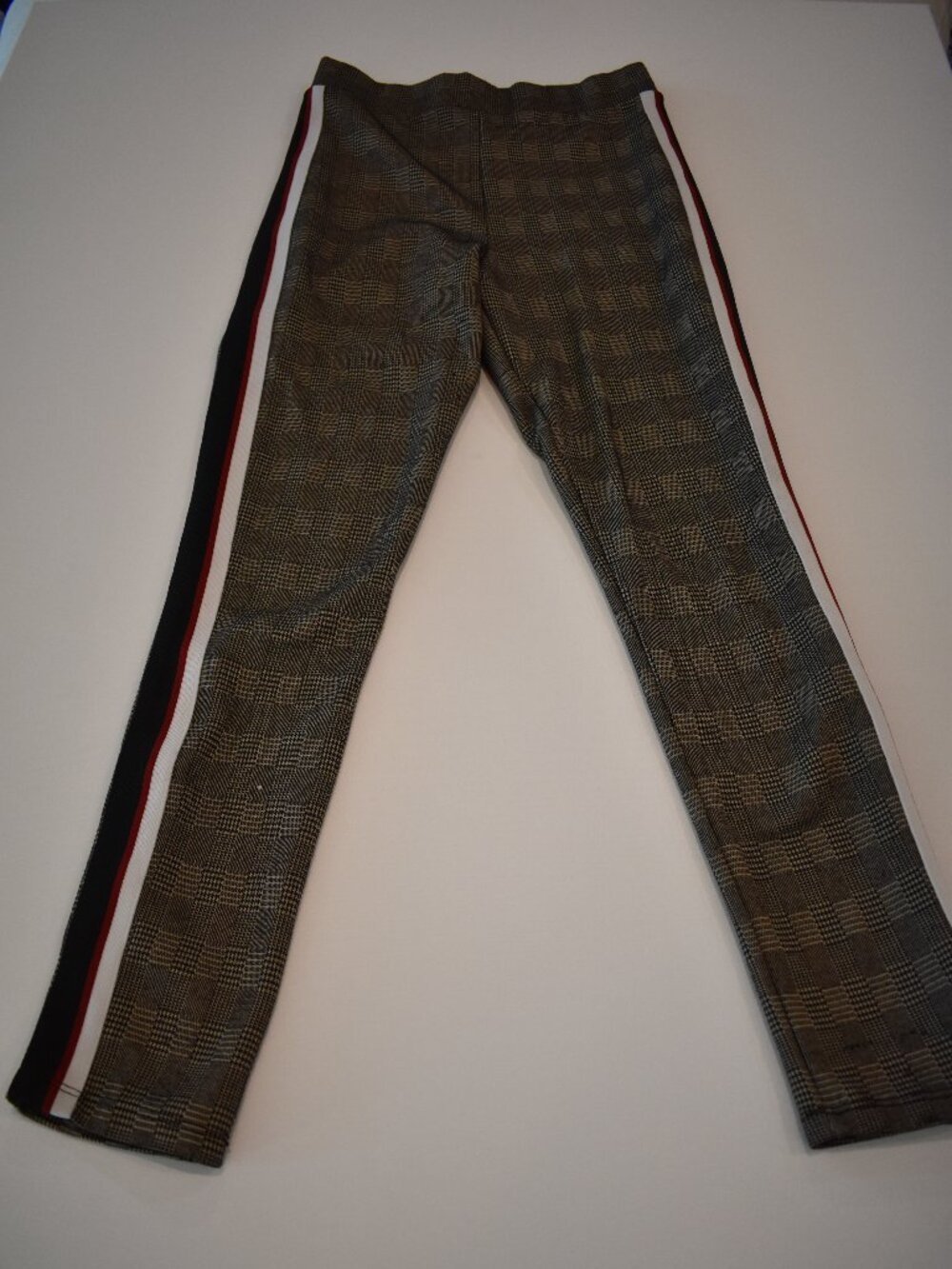 Zara Basic Women M Plaid Pants Black Red White Side Stripe Trousers